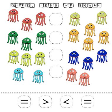 Bu da komik denizanalarıyla büyük, az ya da çok eşit bir oyun. Anaokulu çocukları için çalışma listesi, aktivite listesi, basılabilir çalışma tablosu