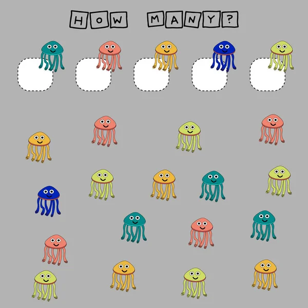 Developing activities for children, count as many  colorful cute  jellyfish. Logic game for children.