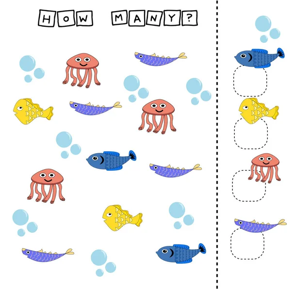 How many counting game with funny fishes. Worksheet for preschool kids, kids activity sheet, printable worksheet