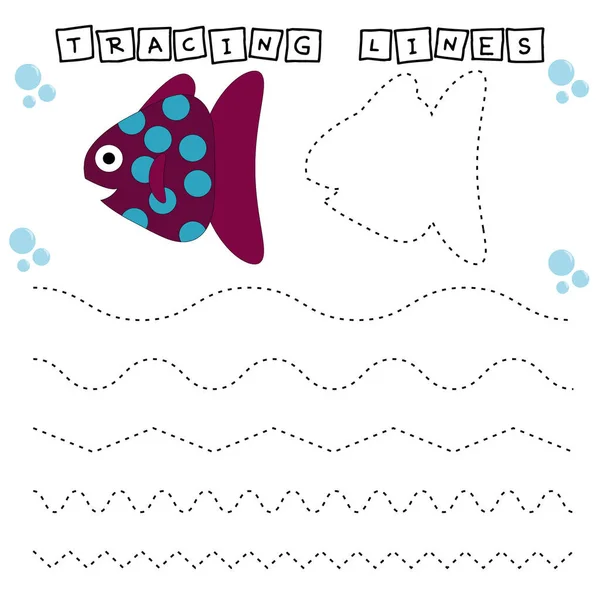 Tracing lines game with funny fishes. Worksheet for preschool kids, kids activity sheet, printable worksheet