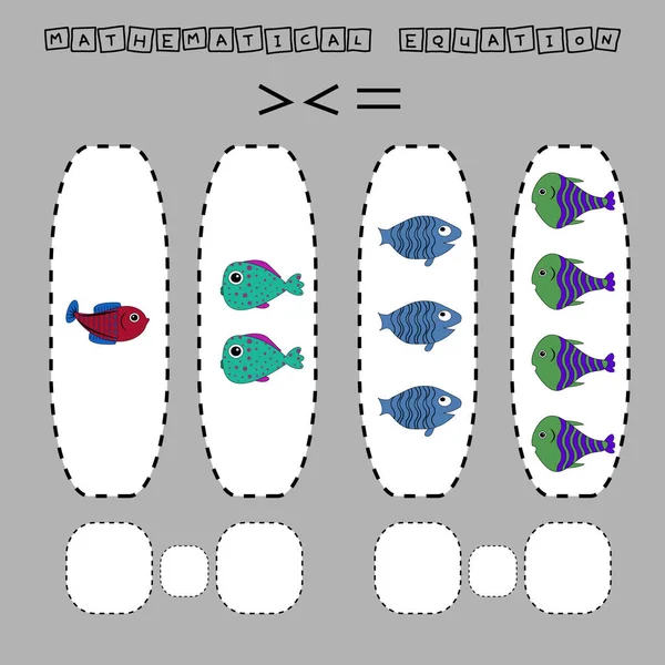 Developing activities for children, compare which more fishes. Logic game for children, mathematical inequalities.