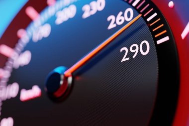 Yeni arabanın iç dekorasyonunun 3 boyutlu çizimi. Siyah hız göstergesi, modern bir arabanın tasarımı ve iç tasarımı ile 270 km / s 'lik maksimum hızı gösteriyor.