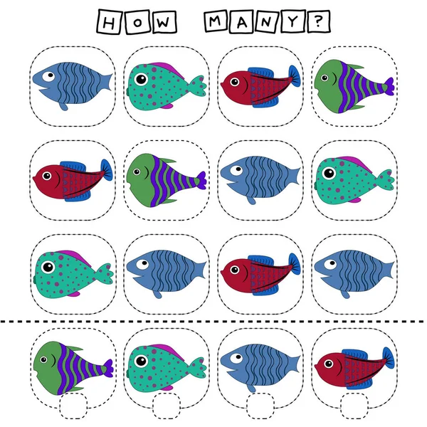 面白い魚とどのように多くのカウントゲーム 就学前の子供のためのワークシート 子供の活動シート 印刷可能なワークシート — ストック写真