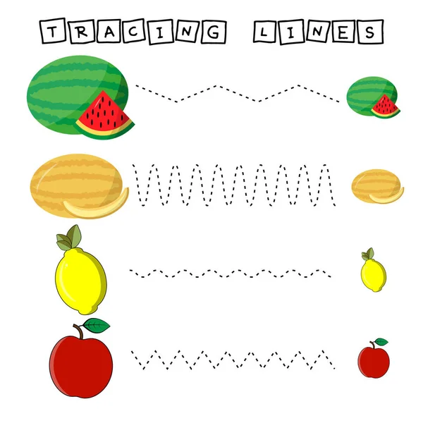 Foglio Lavoro Della Linea Trace Con Fruttati Bambini Praticando Abilità — Foto Stock