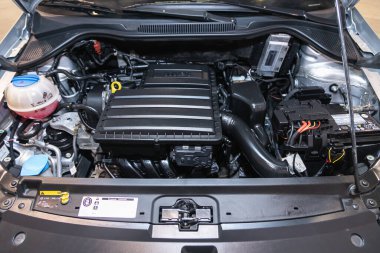 Novosibirsk, Rusya - 15 Temmuz 2021: Volkswagen Polo, Yeni araba girişinin ayrıntılarını kapat