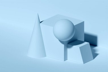 Siyah ve beyaz geometrik şekillerle gölgeli 3D illüstrasyon klasiği: paralel kenar, küp, koni, top