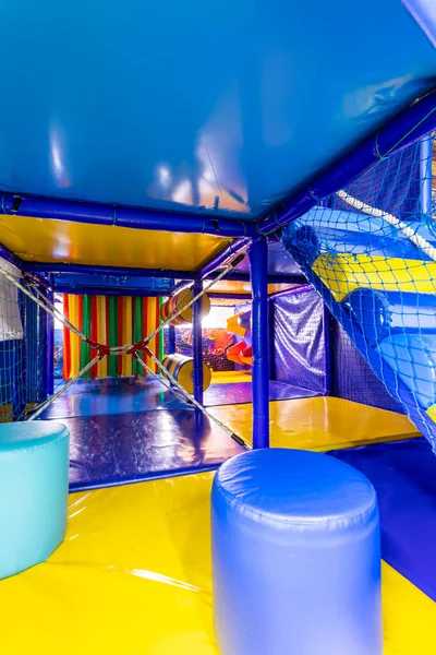 Close Blue Yellow Big Inflatable Castle Labyrinth Playground — Stock Photo, Image