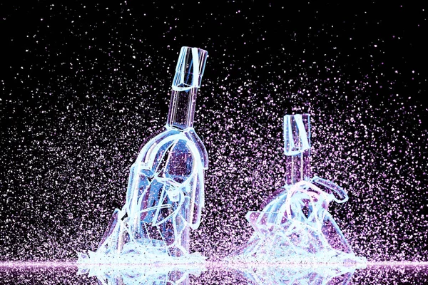 Render Trasig Rosa Belysning Vin Flaskor Med Många Fragment Flyger — Stockfoto
