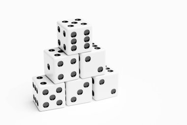 Beyaz arka planda izole edilmiş üç boyutlu oyun zarları. Zar dizaynı birden altıya.  