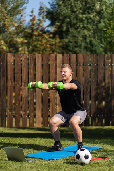 Stromg Man Goes Sports Park Cheerful Sporty Man Blonde Hair — Stock Photo, Image