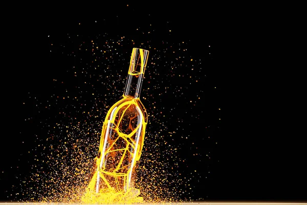 Rendering Vino Illuminazione Giallo Rotto Una Bottiglia Con Molti Frammenti — Foto Stock