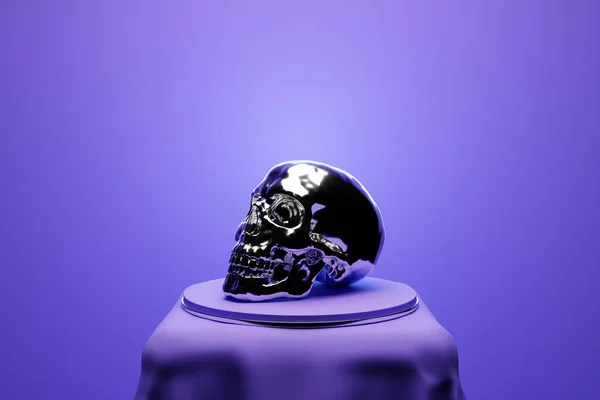 モノクロームの背景に紫色の布の下の台座の上にガラスの頭蓋骨の3Dイラスト スカルアートのコンセプト — ストック写真