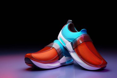 Koyu arkaplanda, kırmızı ve mavi tonlarda bağcıklı 3D parlak, devasa spor ayakkabıları tasvir edilir. Bir çift yeni spor ayakkabı..