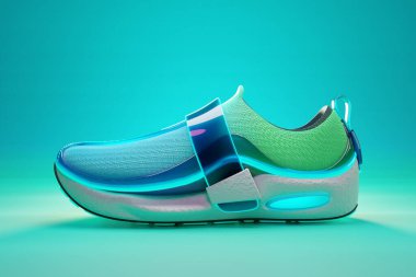 Köpük tabanlı mavi-yeşil spor ayakkabılar ve mavi arka planda neon rengi altında kapanış. Spor ayakkabıları yan görünümü. Modaya uygun spor ayakkabılar..