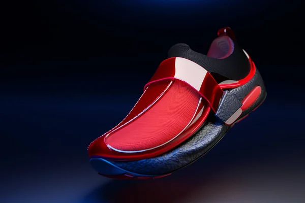 3D的红色金运动鞋的插图 泡沫鞋底和封闭下的霓虹灯色黑色背景 偷偷摸摸的侧面看 时髦的运动鞋 — 图库照片