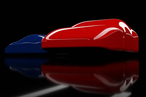 Siyah Arka Planda Yansıması Olan Iki Mavi Kırmızı Yarış Arabasının — Stok fotoğraf