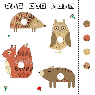 Çalışma tablosu vektör tasarımı, görev renkli kirpi, sincap, ayı ve baykuş üzerine bir parça kesip yapıştırmak. Çocuklar için mantık oyunu.
