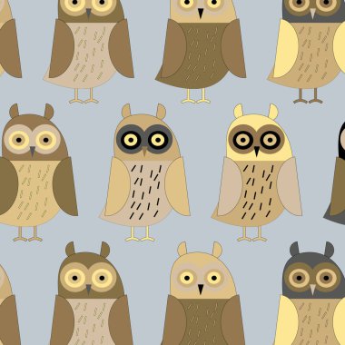 Renkli baykuş desenli. Duvar kağıdı, tekstil, ambalaj, kartlar, kapaklar için kullanılabilir. Gri arka planda küçük şirin bir hayvan.