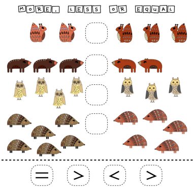 Bu da komik kirpiyle, sincapla, ayıyla, baykuşla büyük, az ya da eşit bir oyun. Anaokulu çocukları için çalışma listesi, aktivite listesi, basılabilir çalışma tablosu