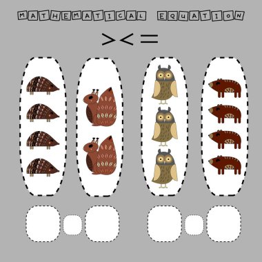 Çocuklar için gelişen aktiviteler, hangi kirpiyi, sincabı, ayıyı, baykuşu karşılaştırın. Çocuklar için mantık oyunu, matematiksel eşitsizlikler.