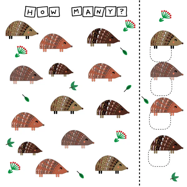 How many counting game with funny hedgehog. Worksheet for preschool kids, kids activity sheet, printable worksheet