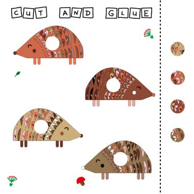 Çalışma tablosu vektör tasarımı, görev renkli kirpiler üzerine bir parça kesip yapıştırmak. Çocuklar için mantık oyunu.