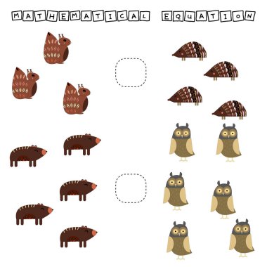 Bu da komik kirpiyle, sincapla, ayıyla, baykuşla büyük, az ya da eşit bir oyun. Anaokulu çocukları için çalışma listesi, aktivite listesi, basılabilir çalışma tablosu