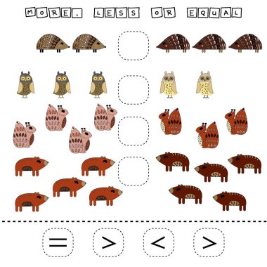 Bu da komik kirpiyle, sincapla, ayıyla, baykuşla büyük, az ya da eşit bir oyun. Anaokulu çocukları için çalışma listesi, aktivite listesi, basılabilir çalışma tablosu