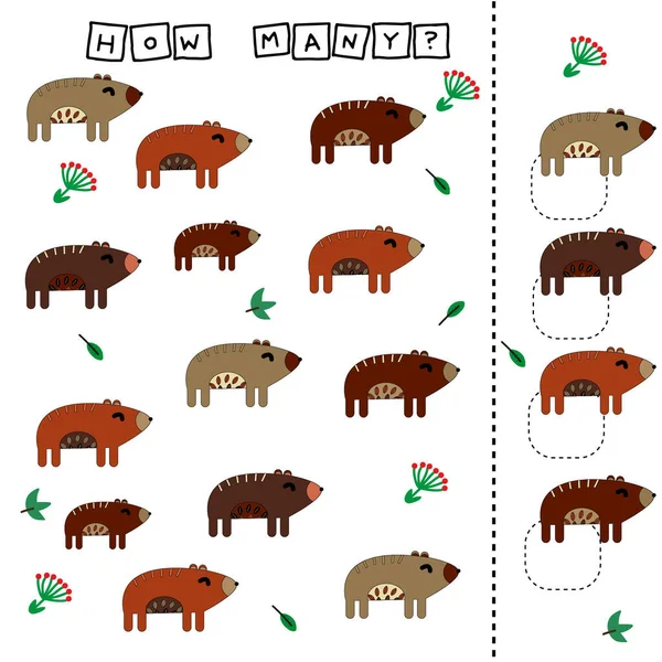 Kolik Počítání Hra Vtipnými Medvědy List Pro Děti Předškolního Věku — Stock fotografie