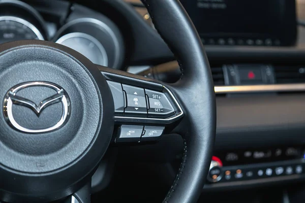 Novosibirsk Russia August 2021 Mazda Black Steering Wheel Multifunction Buttons — Stock Photo, Image