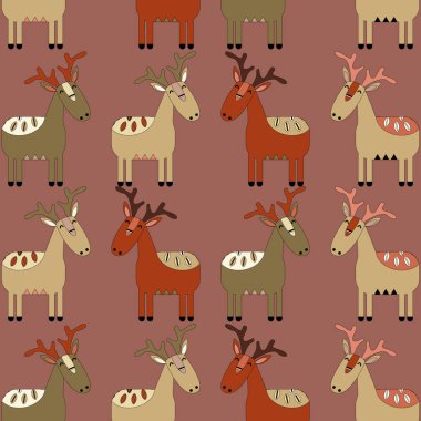 Renkli geyik desenli. Duvar kağıdı, tekstil, ambalaj, kartlar, kapaklar için kullanılabilir. Kahverengi arka planda küçük sevimli bir hayvan..