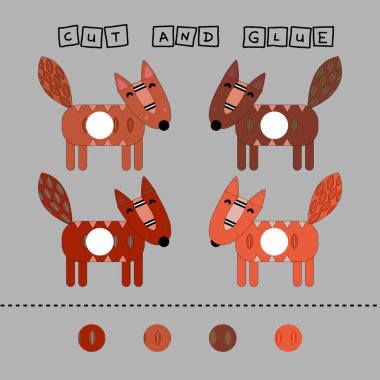 Çocuklar için bir etkinlik geliştirme görevi renkli şirin tilkiler üzerine bir parça kesip yapıştırmak. Çocuklar için mantık oyunu.