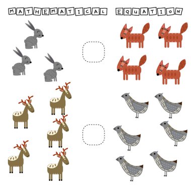 Çocuklar için gelişen aktiviteler, daha fazla geyik, tilki, kuş ve tavşanı karşılaştırın. Çocuklar için mantık oyunu, matematiksel eşitsizlikler.
