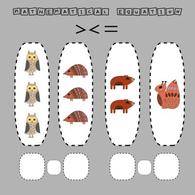 Bu da komik kirpiyle, sincapla, ayıyla, baykuşla büyük, az ya da eşit bir oyun. Anaokulu çocukları için çalışma listesi, aktivite listesi, basılabilir çalışma tablosu