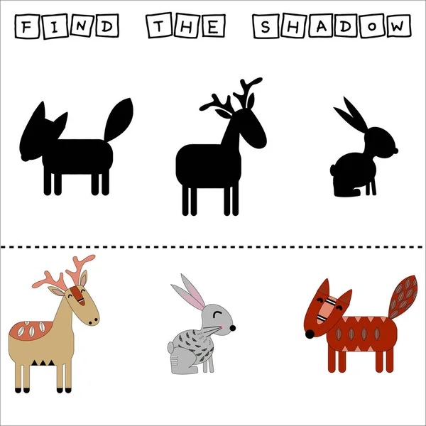 Find Pair Shadow Game Funny Deer Rabbits Fox Bird Worksheet — Stock Photo, Image