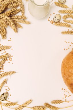 Süt, buğday tahıl ve beyaz zemin üzerine ekmek