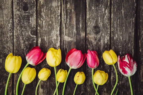 Tulipanes amarillos y rosados sobre mesa de madera gris — Foto de Stock