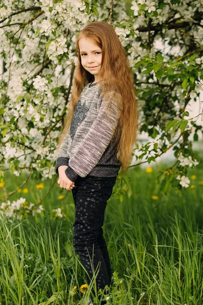 Retrato de pequeña linda chica hermosa en el jardín — Foto de Stock