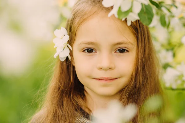 Retrato de pequena menina bonita bonito no jardim — Fotografia de Stock