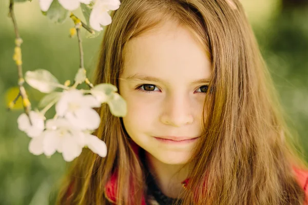 Retrato de pequena menina bonita bonito no jardim — Fotografia de Stock