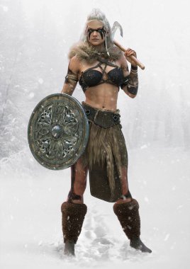 Portrait of a fierce viking woman standing ready for battle with an axe and shield and a snowing forest landscape background. 3d rendering clipart