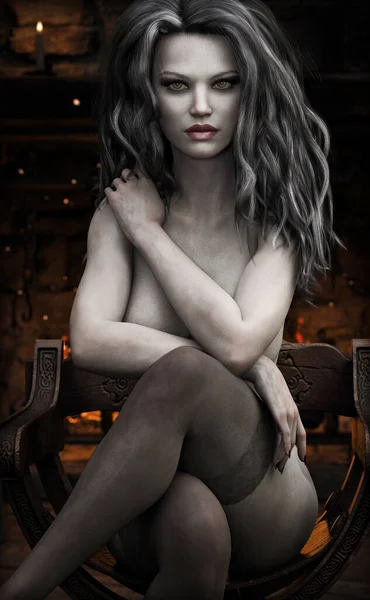 Тёмная Эльфийская Женщина Позирует Своих Спальнях Ревущим Огнём Заднем Плане — стоковое фото