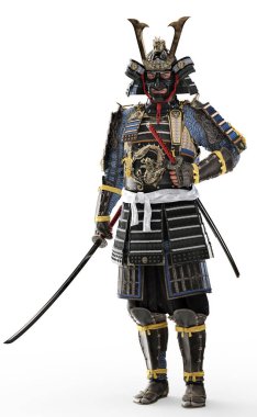 Geleneksel zırh giyen ve beyaz arka planda katana kullanan bir Japon samuray portresi. 3d oluşturma