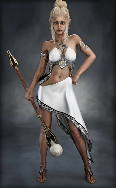 Fantasy wizard blonde female posing with a magical staff . 3d rendering