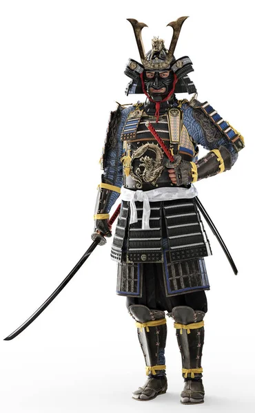 白地に伝統的な鎧を着た武士の姿と刀を手にした姿が描かれている 3Dレンダリング — ストック写真