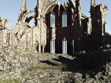 Antik gotik taş mimari harabeleri ve heykeller iç görünümü. 3d hazırlama arkaplanı. 
