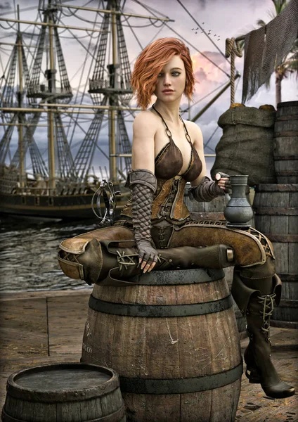 Adorabile Donna Pirata Dalla Testa Rossa Che Prende Una Pausa — Foto Stock