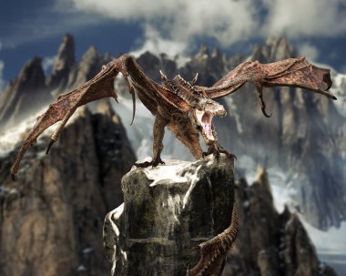 Vahşi kanatlı ejderha, kendi bölgesinin yüksek dağlarında bir kayanın üzerine tünemiş. 3d oluşturma
