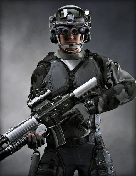 Portrait Modern Warfare Soldier Wearing Battle Armor Tactical Equipment Rendering —  Fotos de Stock