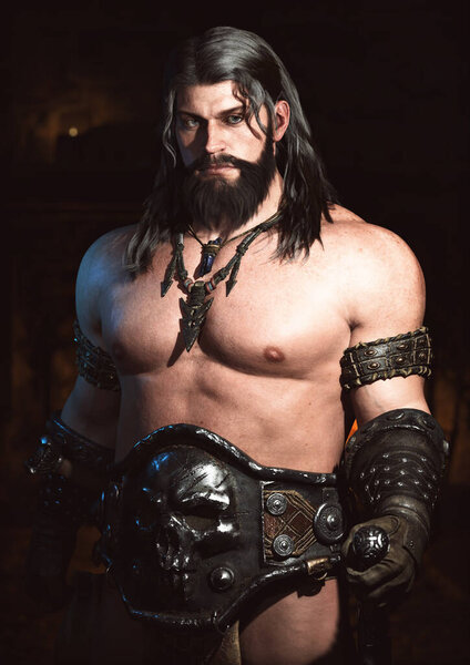 Portrait of a long haired barbarian male warrior ready for adventure. 3d rendering